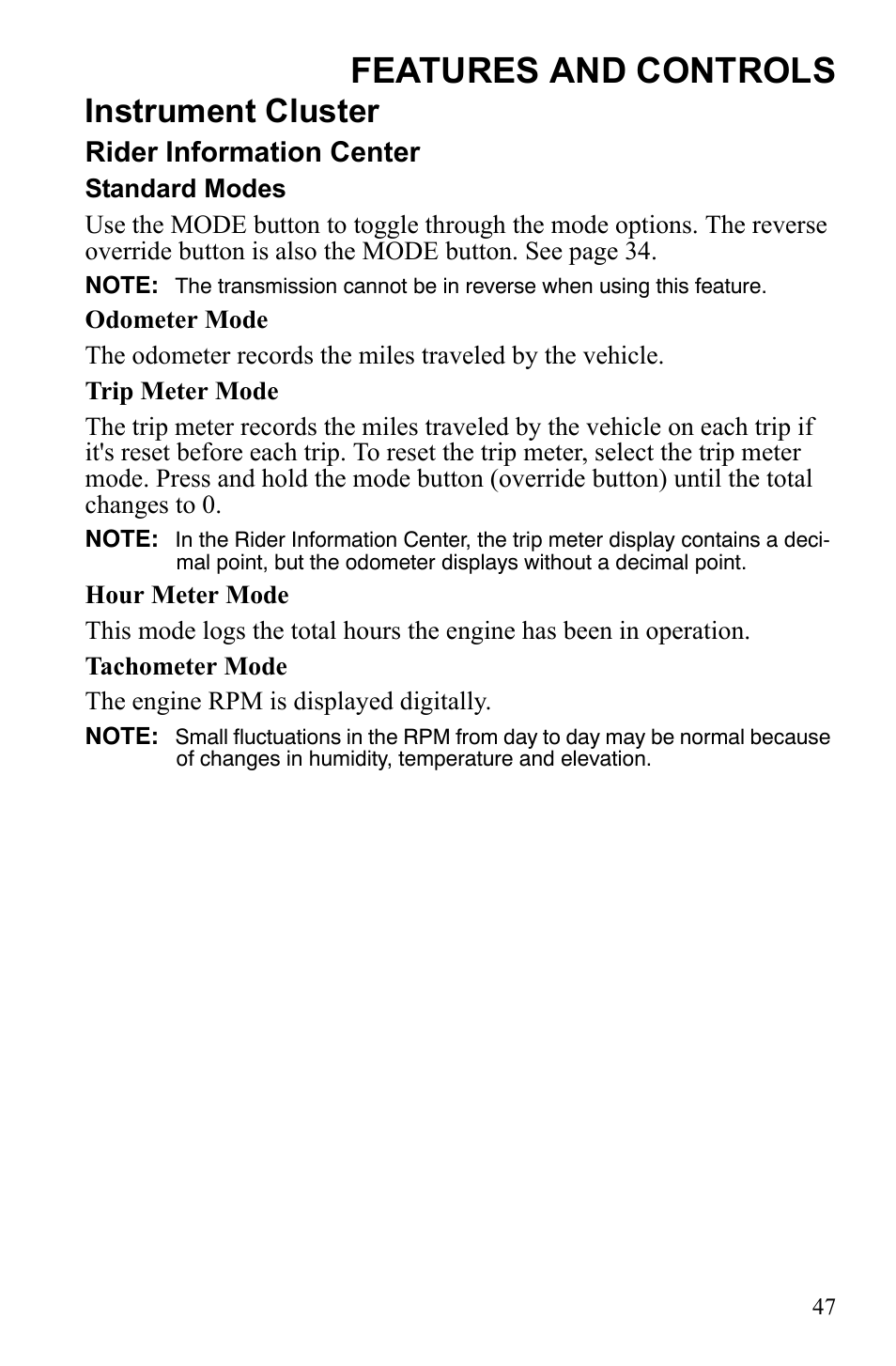 Features and controls, Instrument cluster, Rider information center | Polaris Sportsman 9922553 User Manual | Page 49 / 132