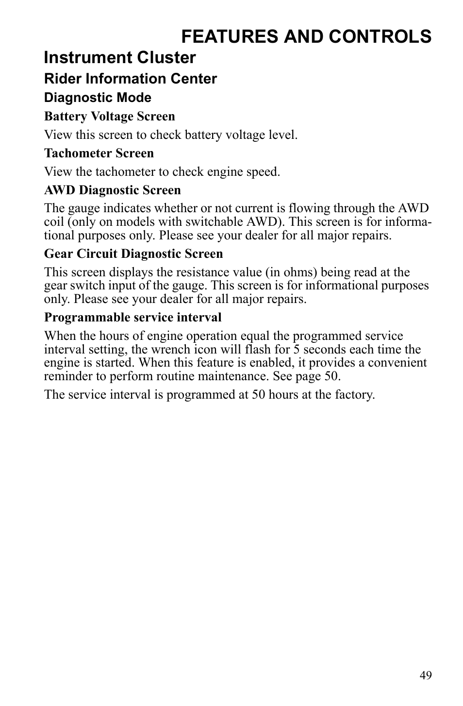 Features and controls, Instrument cluster | Polaris Sportsman 9922553 User Manual | Page 51 / 132