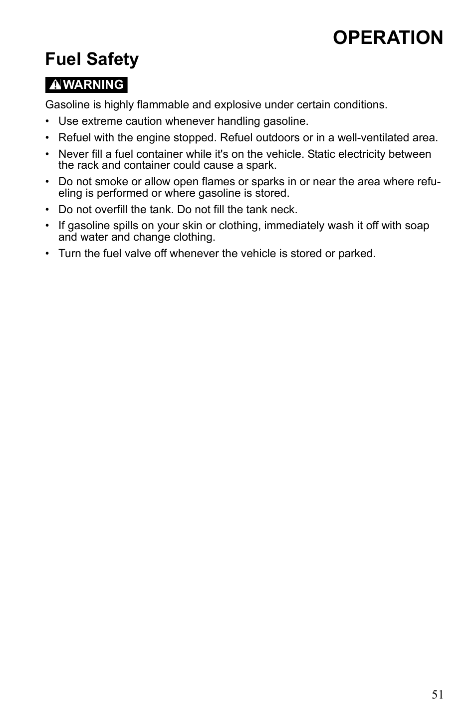 Operation, Fuel safety | Polaris Sportsman 9922553 User Manual | Page 53 / 132