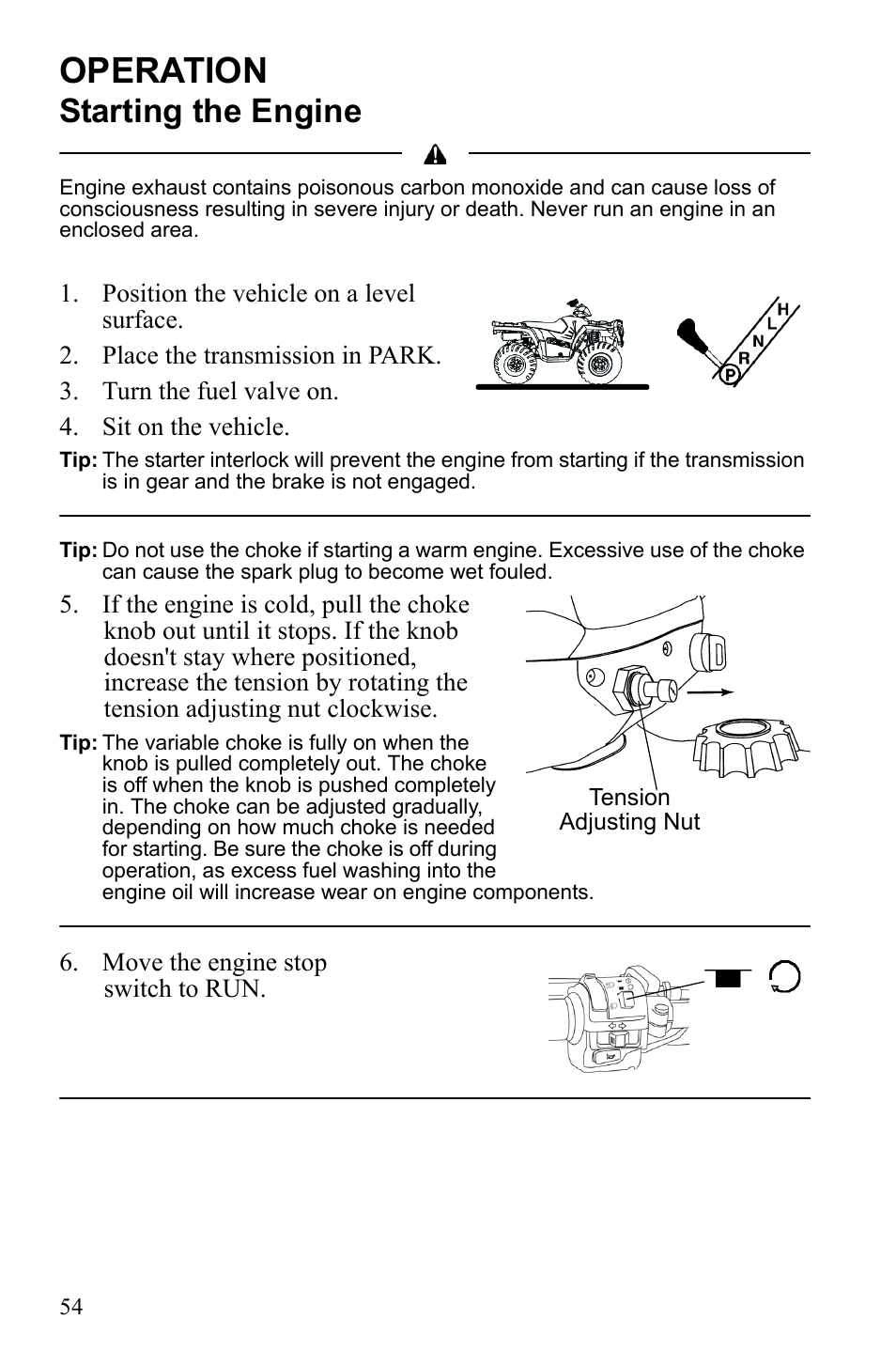 Operation, Starting the engine | Polaris Sportsman 9922553 User Manual | Page 56 / 132