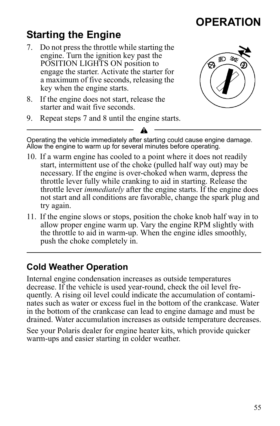 Operation, Starting the engine | Polaris Sportsman 9922553 User Manual | Page 57 / 132