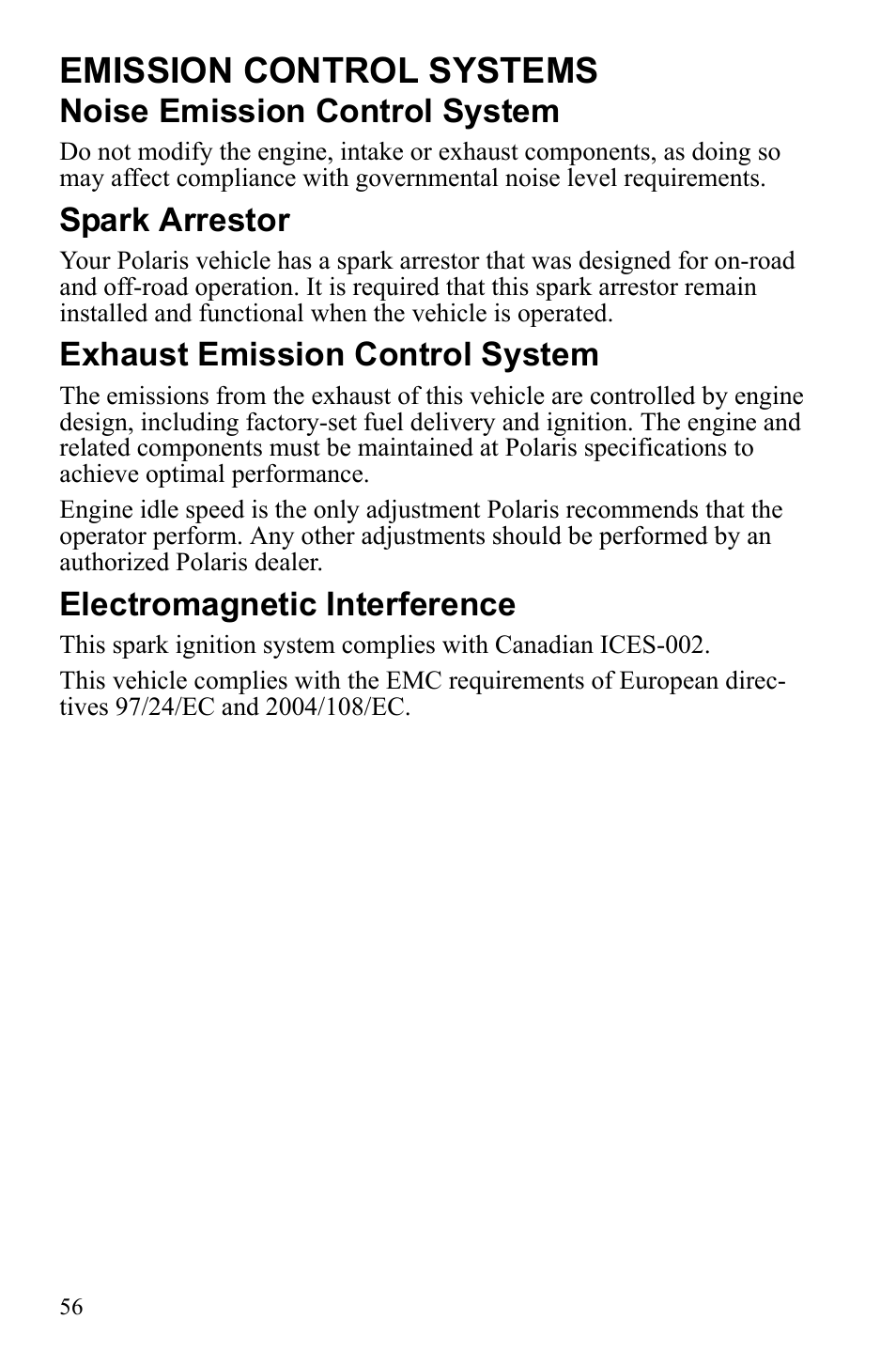 Emission control systems, Noise emission control system, Spark arrestor | Exhaust emission control system, Electromagnetic interference | Polaris Sportsman 9922553 User Manual | Page 58 / 132