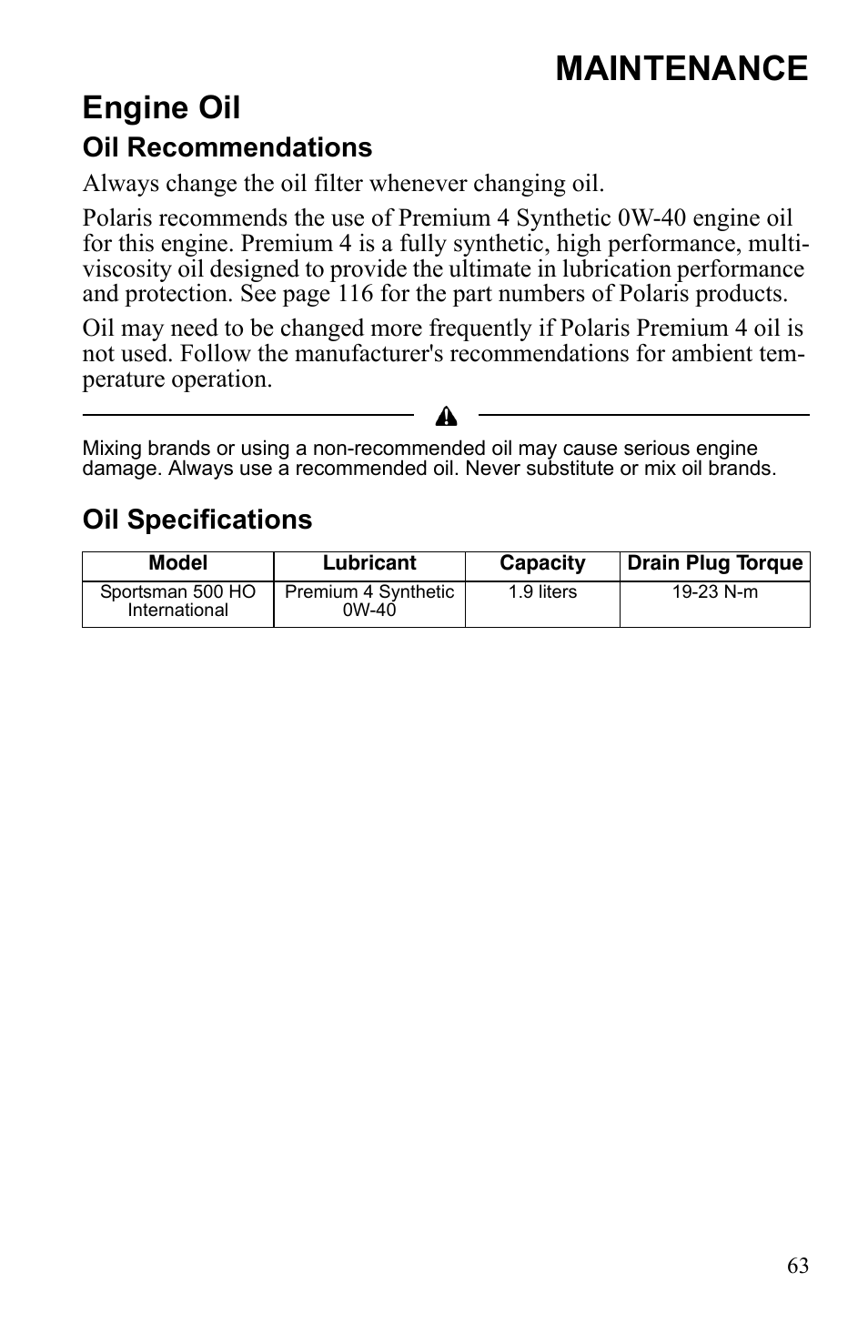 Maintenance, Engine oil, Oil recommendations | Oil specifications | Polaris Sportsman 9922553 User Manual | Page 65 / 132