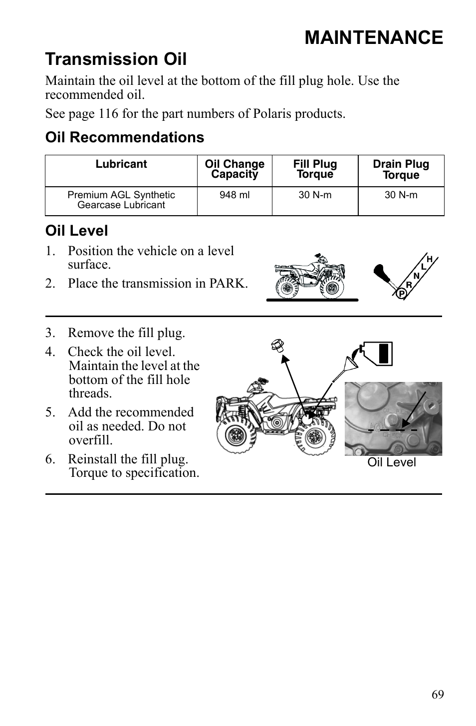 Maintenance, Transmission oil, Oil recommendations oil level | Polaris Sportsman 9922553 User Manual | Page 71 / 132