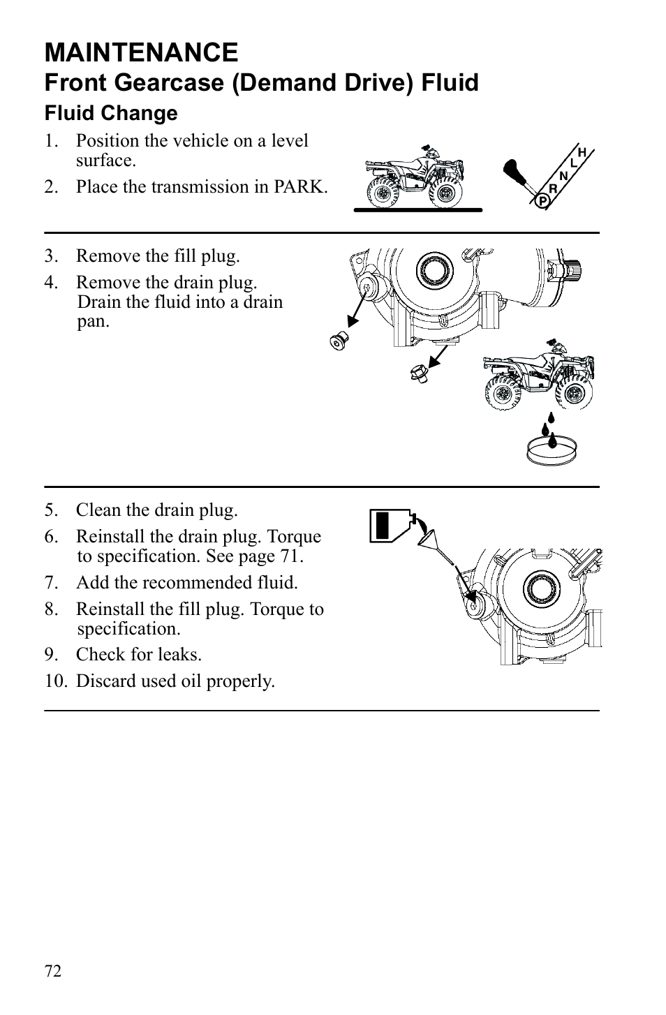 Maintenance, Front gearcase (demand drive) fluid | Polaris Sportsman 9922553 User Manual | Page 74 / 132