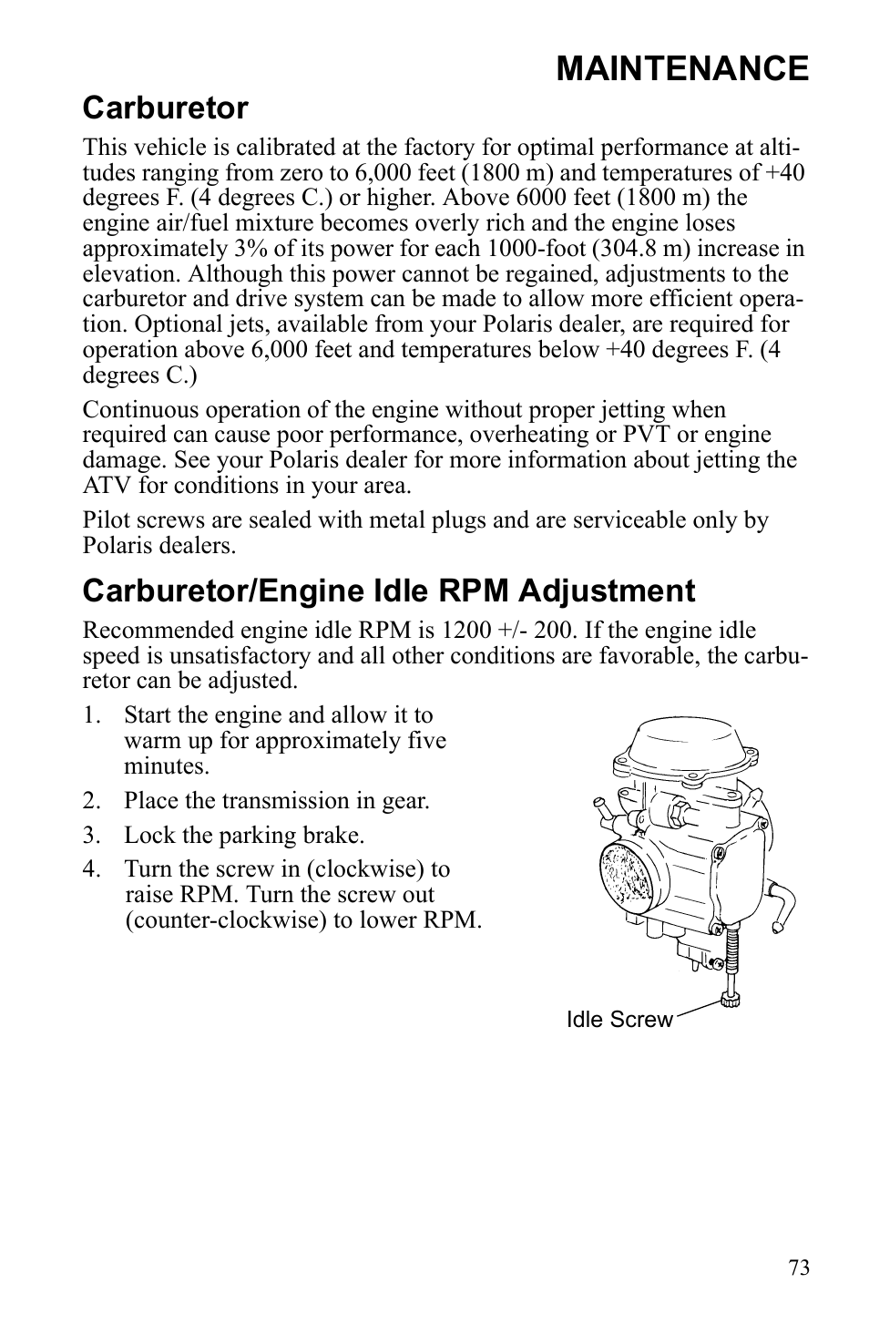 Maintenance, Carburetor, Carburetor/engine idle rpm adjustment | Polaris Sportsman 9922553 User Manual | Page 75 / 132