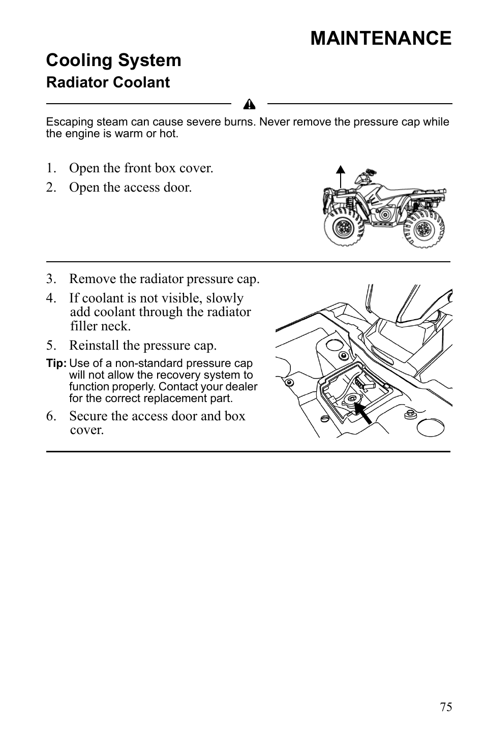 Maintenance, Cooling system, Radiator coolant | Polaris Sportsman 9922553 User Manual | Page 77 / 132