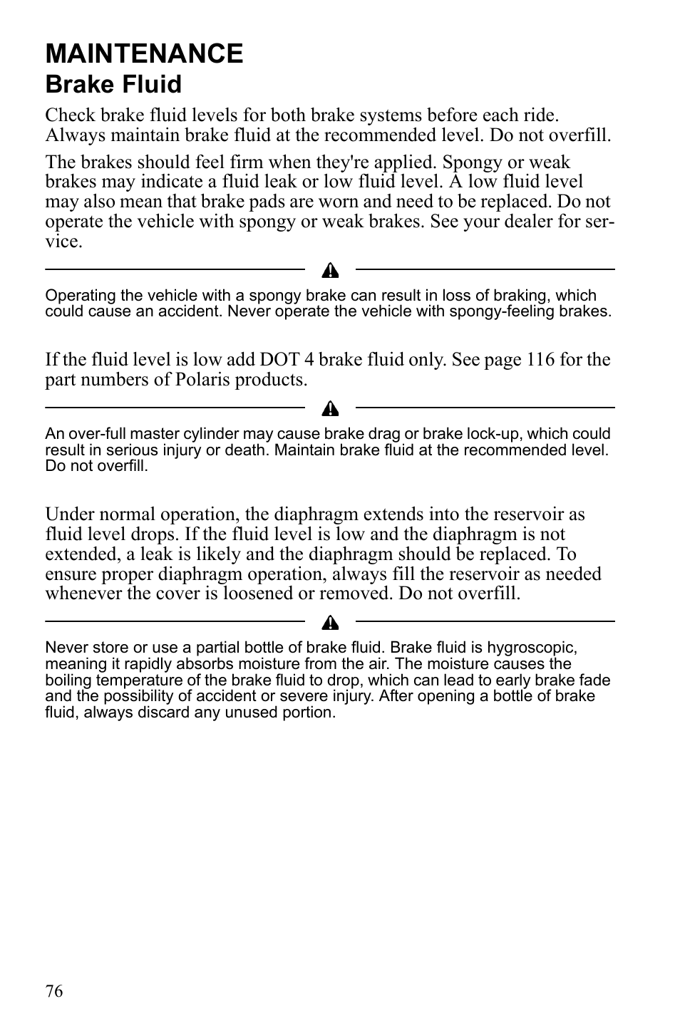 Maintenance, Brake fluid | Polaris Sportsman 9922553 User Manual | Page 78 / 132
