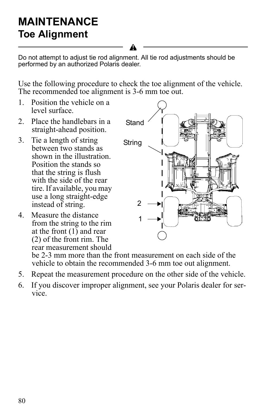 Maintenance, Toe alignment | Polaris Sportsman 9922553 User Manual | Page 82 / 132