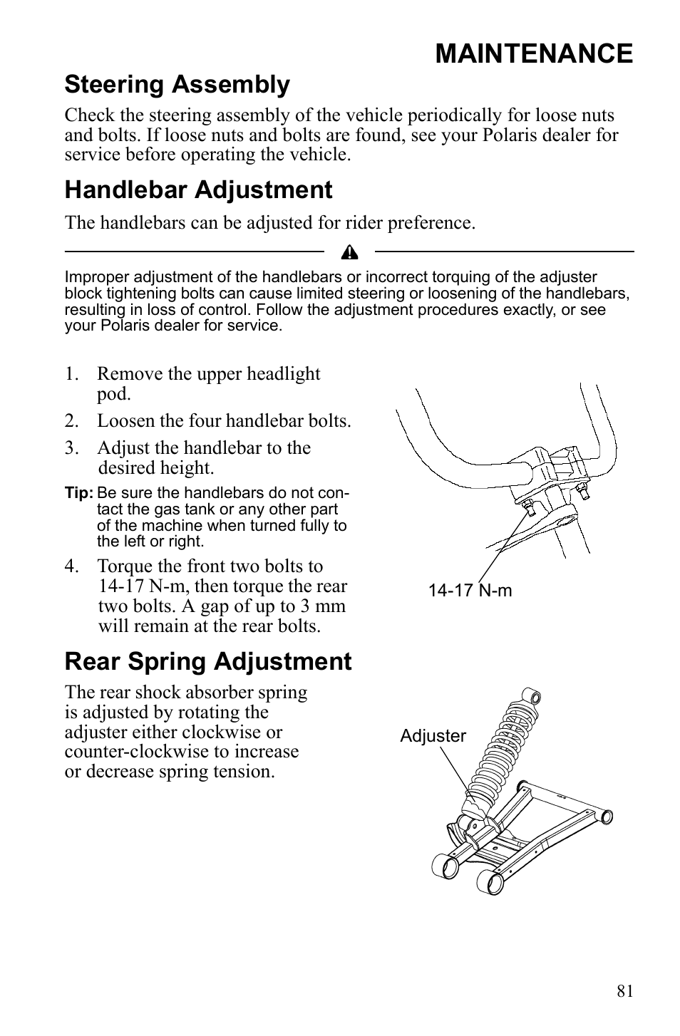 Maintenance, Steering assembly, Handlebar adjustment | Rear spring adjustment | Polaris Sportsman 9922553 User Manual | Page 83 / 132