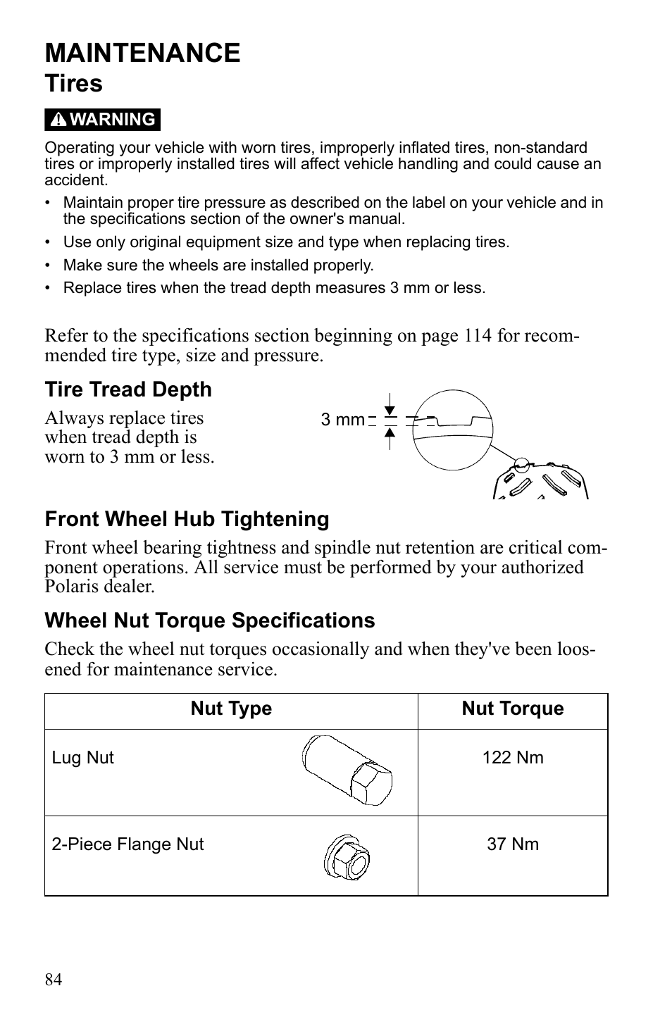 Maintenance, Tires | Polaris Sportsman 9922553 User Manual | Page 86 / 132