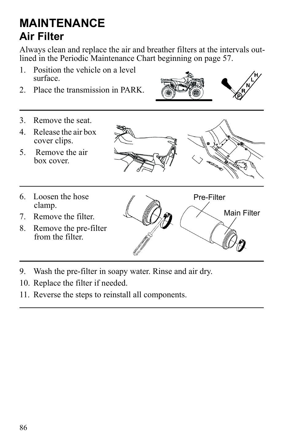 Maintenance, Air filter | Polaris Sportsman 9922553 User Manual | Page 88 / 132