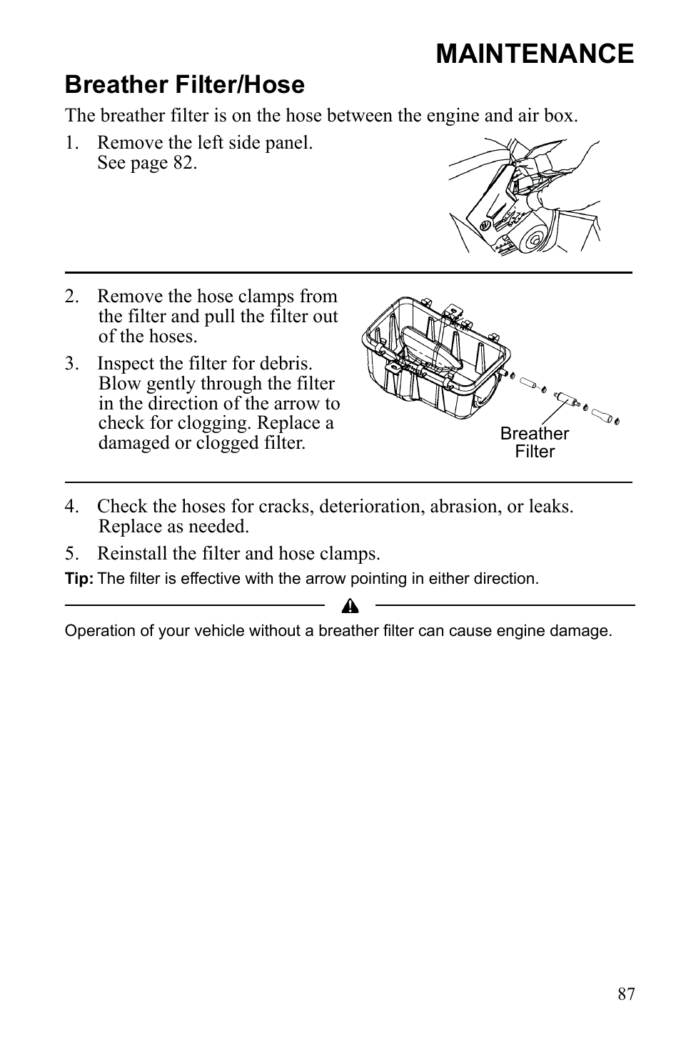 Maintenance, Breather filter/hose | Polaris Sportsman 9922553 User Manual | Page 89 / 132