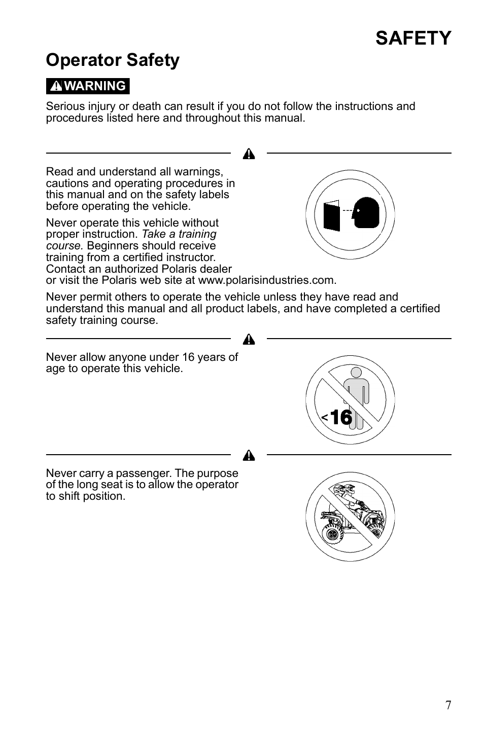 Safety, Operator safety | Polaris Sportsman 9922553 User Manual | Page 9 / 132