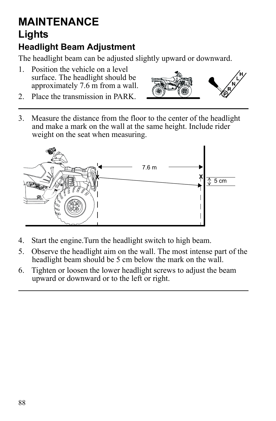 Maintenance, Lights, Headlight beam adjustment | Polaris Sportsman 9922553 User Manual | Page 90 / 132