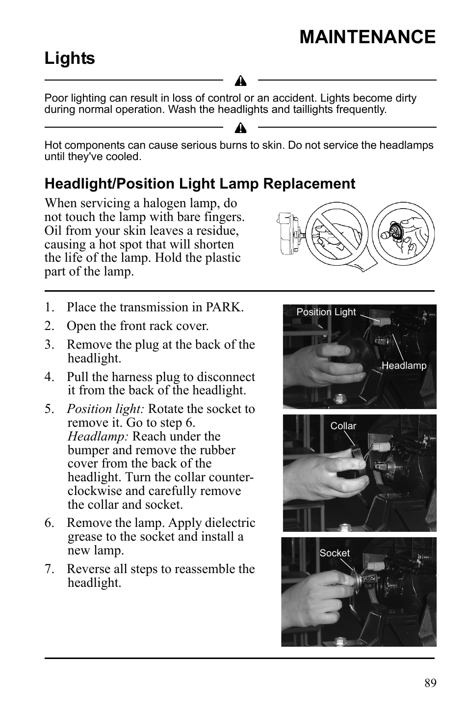 Maintenance, Lights, Headlight/position light lamp replacement | Polaris Sportsman 9922553 User Manual | Page 91 / 132