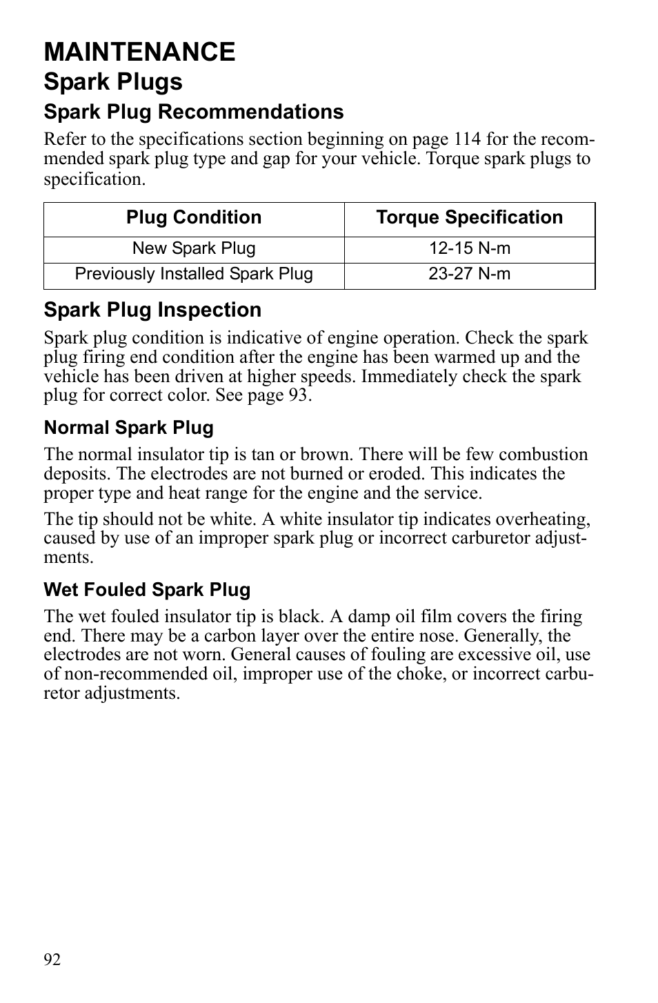 Maintenance, Spark plugs | Polaris Sportsman 9922553 User Manual | Page 94 / 132