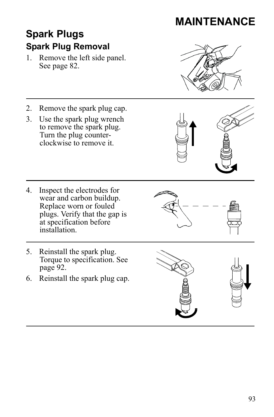 Maintenance, Spark plugs | Polaris Sportsman 9922553 User Manual | Page 95 / 132