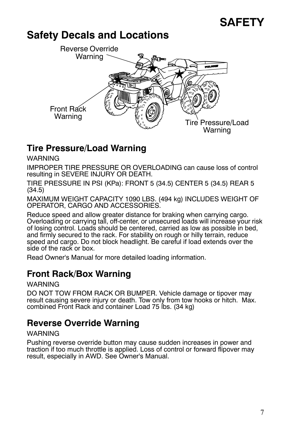 Safety, Safety decals and locations, Tire pressure/load warning | Front rack/box warning, Reverse override warning | Polaris Sportsman 9921309 User Manual | Page 10 / 145