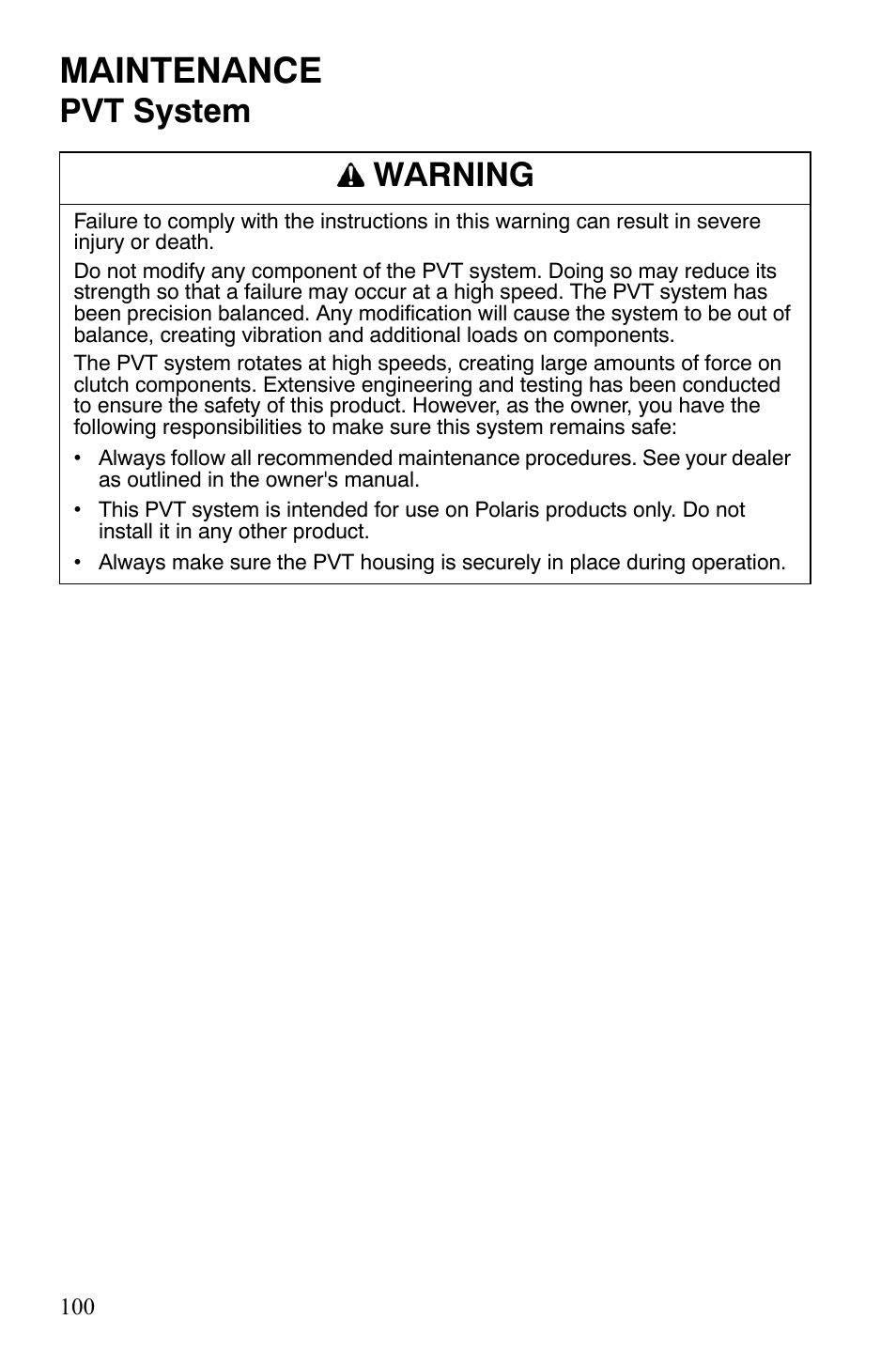 Maintenance, Pvt system warning | Polaris Sportsman 9921309 User Manual | Page 103 / 145