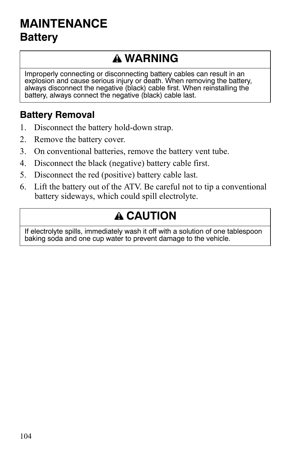 Maintenance, Battery, Warning | Caution | Polaris Sportsman 9921309 User Manual | Page 107 / 145