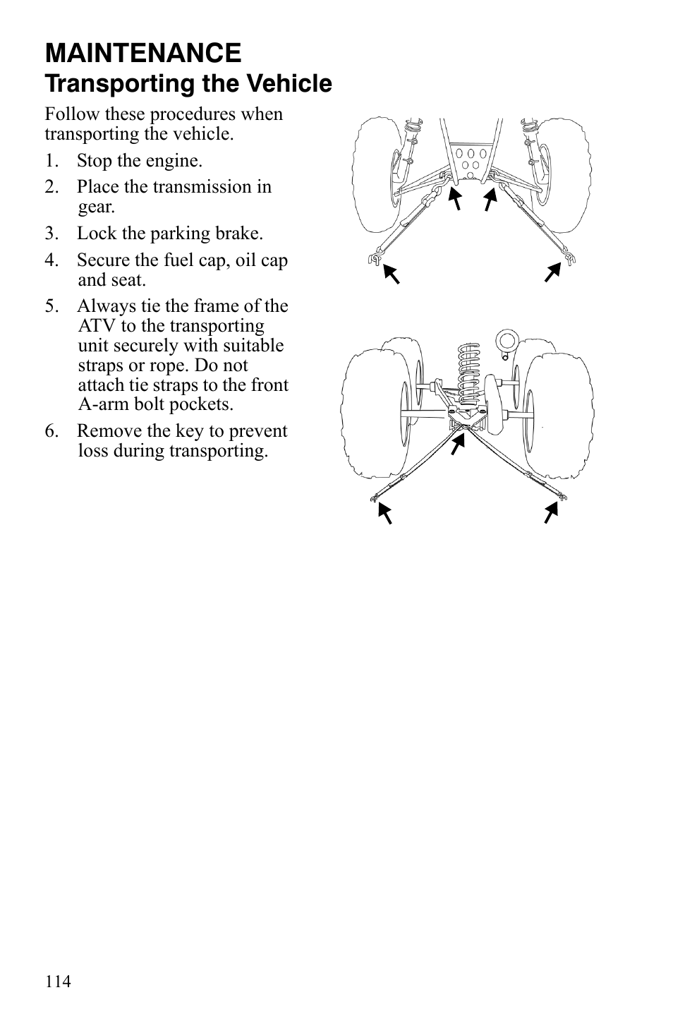 Maintenance, Transporting the vehicle | Polaris Sportsman 9921309 User Manual | Page 117 / 145