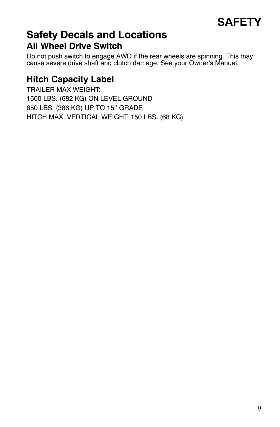 Safety, Safety decals and locations, All wheel drive switch | Hitch capacity label | Polaris Sportsman 9921309 User Manual | Page 12 / 145