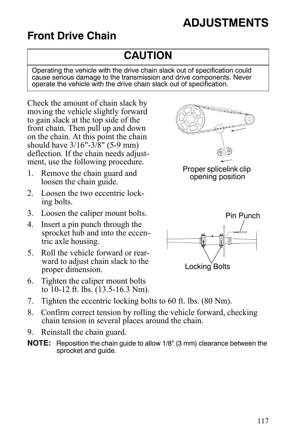 Adjustments, Front drive chain, Caution | Polaris Sportsman 9921309 User Manual | Page 120 / 145