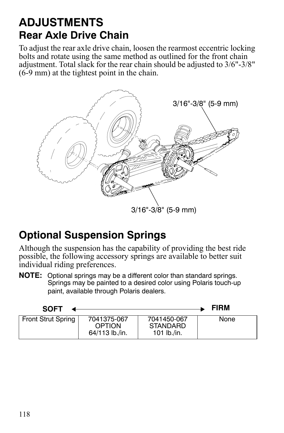 Adjustments, Rear axle drive chain, Optional suspension springs | Polaris Sportsman 9921309 User Manual | Page 121 / 145