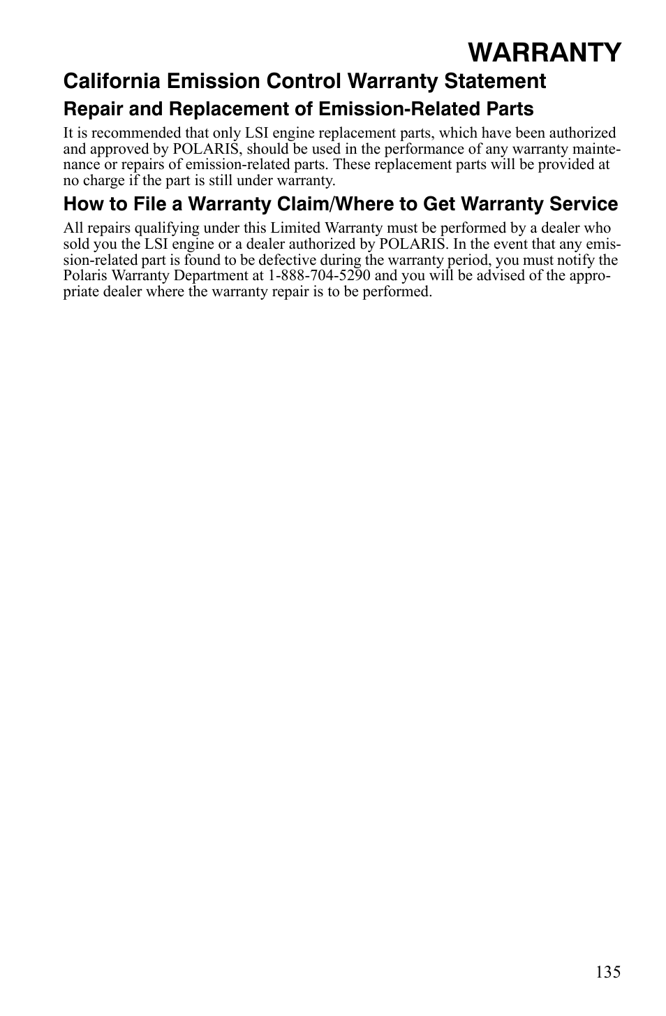 Warranty, California emission control warranty statement | Polaris Sportsman 9921309 User Manual | Page 138 / 145