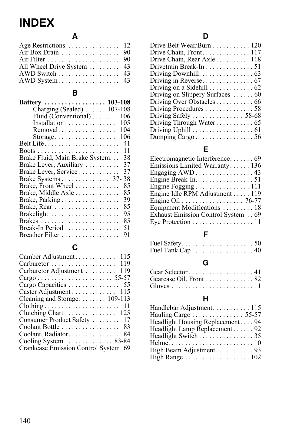 Index | Polaris Sportsman 9921309 User Manual | Page 143 / 145