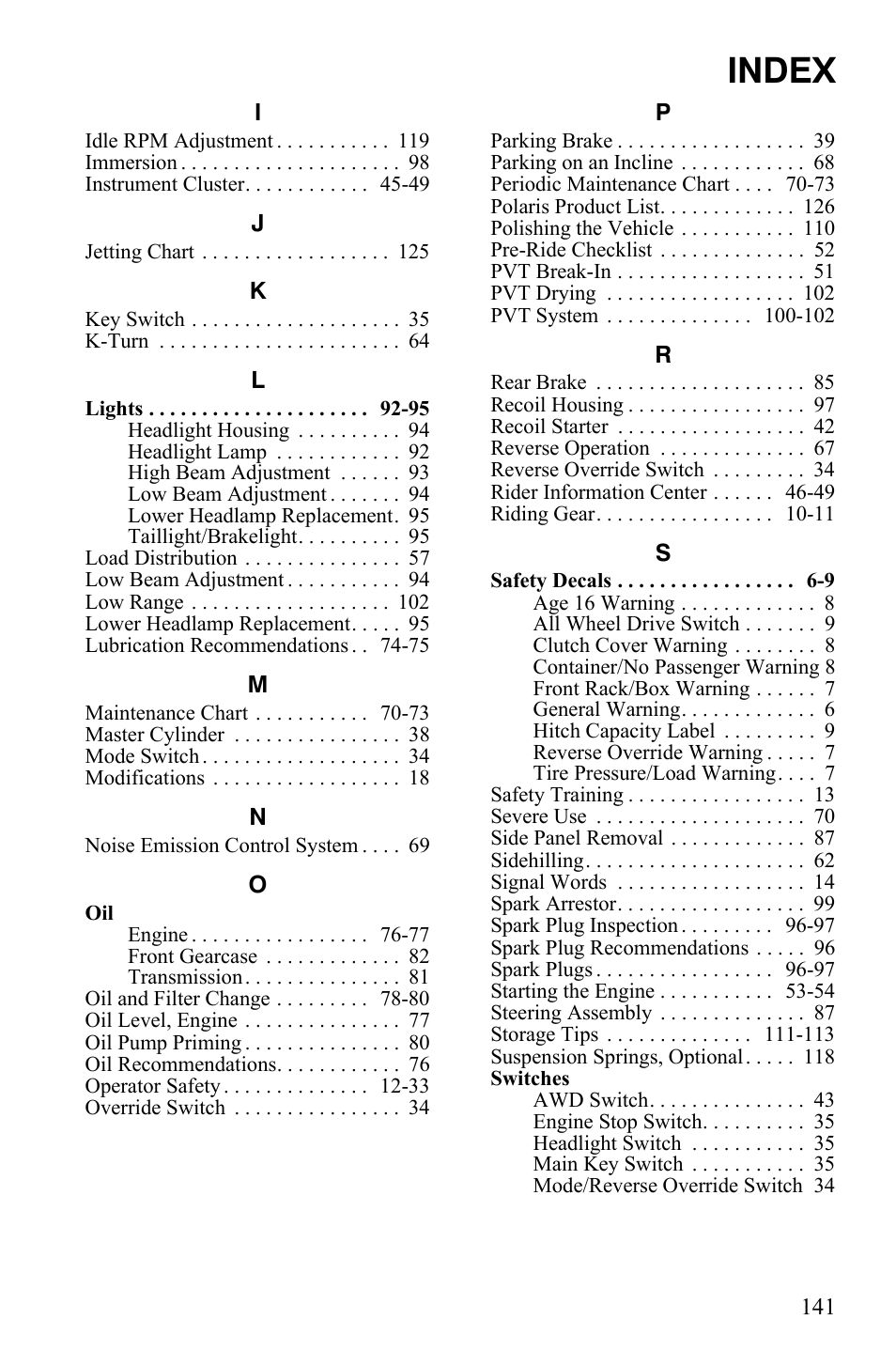 Index | Polaris Sportsman 9921309 User Manual | Page 144 / 145
