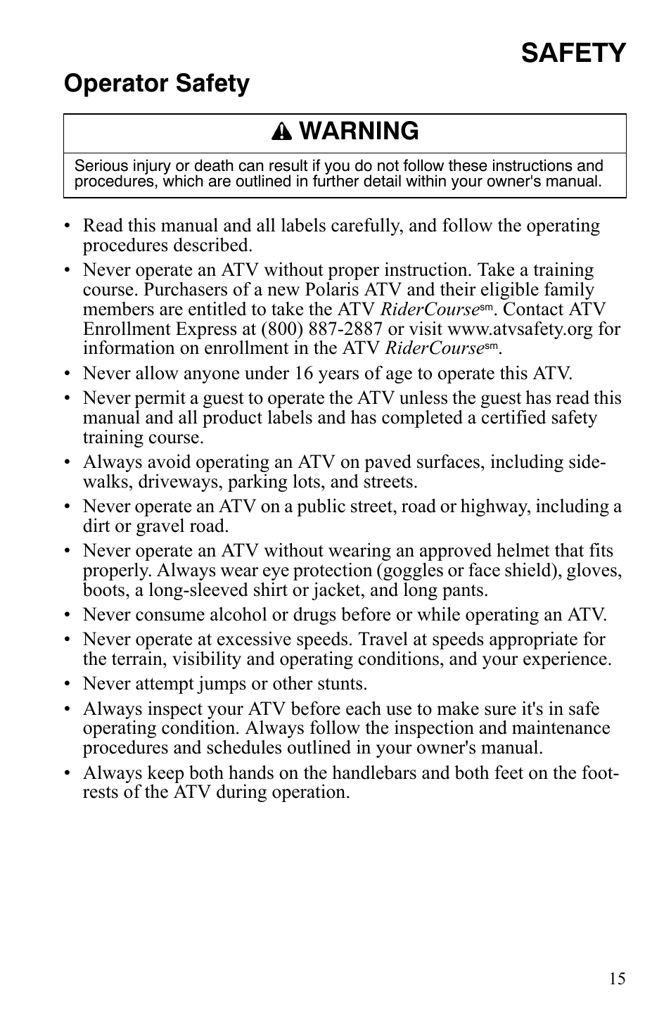 Safety, Operator safety, Warning | Polaris Sportsman 9921309 User Manual | Page 18 / 145