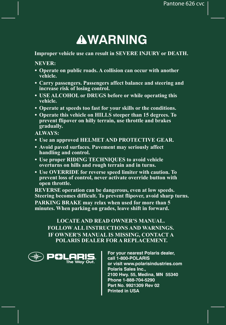 Pantone 626 cvc | Polaris Sportsman 9921309 User Manual | Page 2 / 145