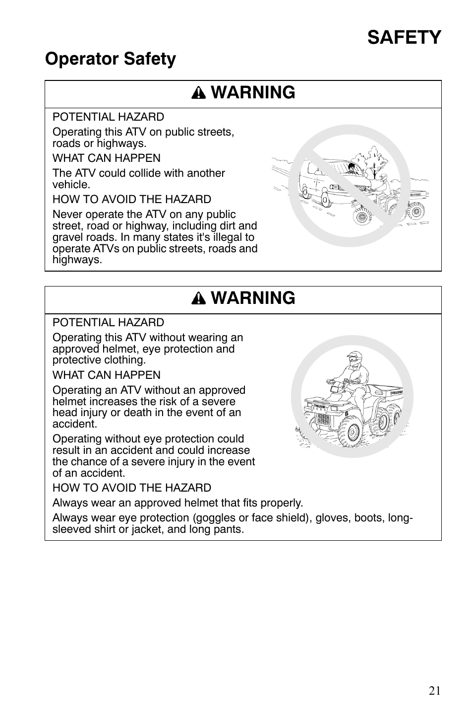 Safety, Operator safety warning, Warning | Polaris Sportsman 9921309 User Manual | Page 24 / 145