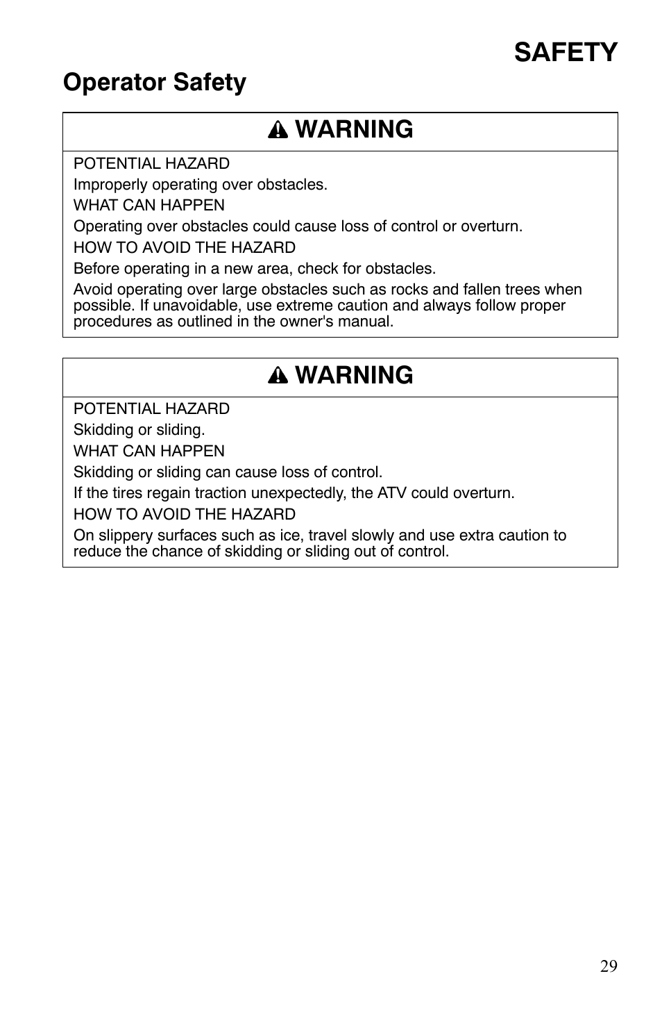 Safety, Operator safety warning, Warning | Polaris Sportsman 9921309 User Manual | Page 32 / 145