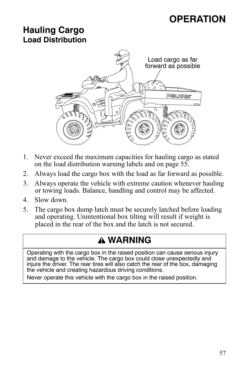 Operation, Hauling cargo, Warning | Polaris Sportsman 9921309 User Manual | Page 60 / 145