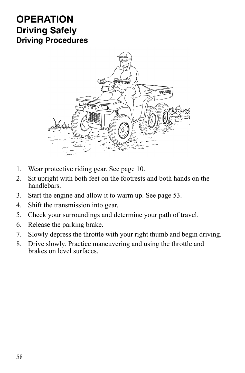 Operation, Driving safely | Polaris Sportsman 9921309 User Manual | Page 61 / 145