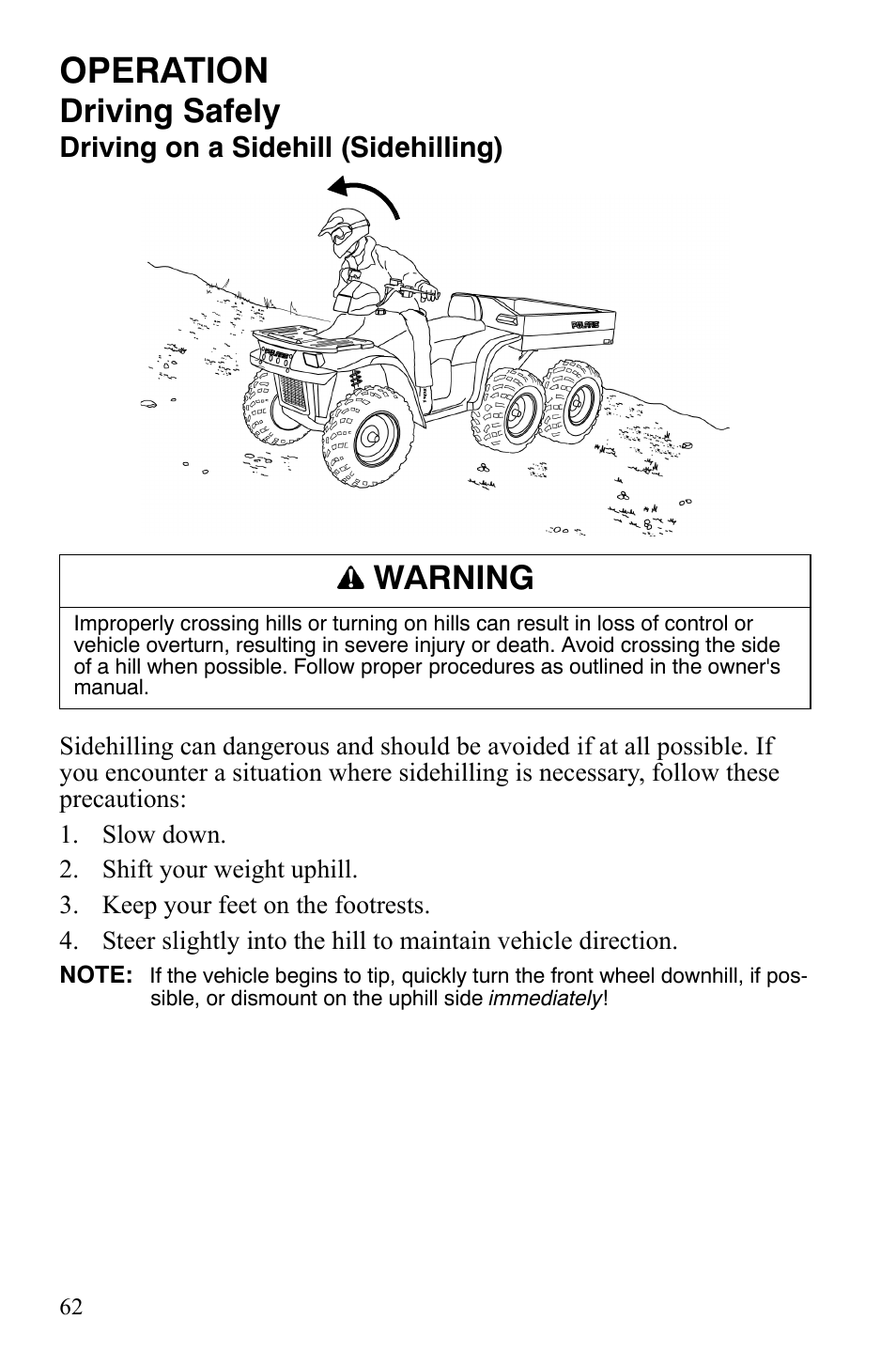 Operation, Driving safely, Warning | Polaris Sportsman 9921309 User Manual | Page 65 / 145