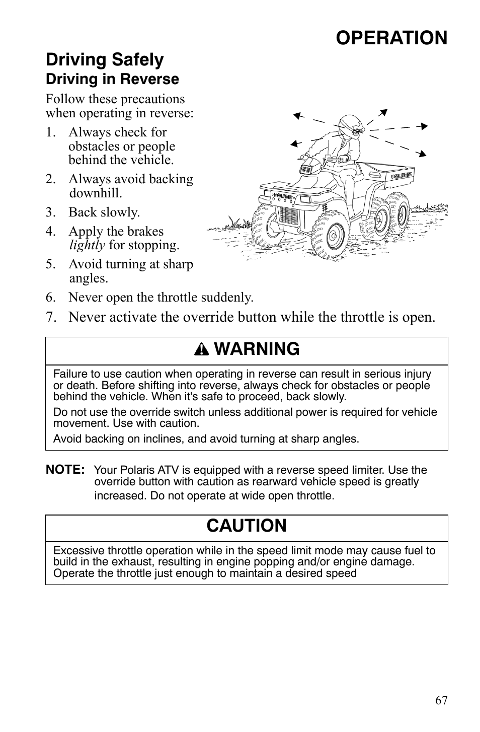 Operation, Driving safely, Warning | Caution | Polaris Sportsman 9921309 User Manual | Page 70 / 145