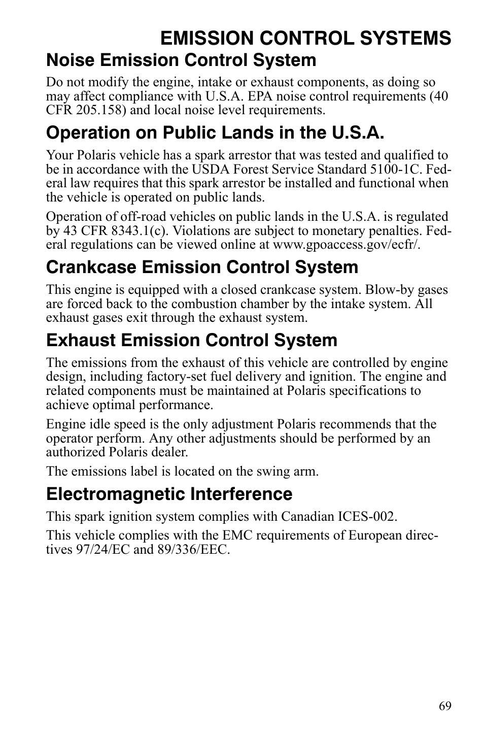 Emission control systems, Noise emission control system, Operation on public lands in the u.s.a | Crankcase emission control system, Exhaust emission control system, Electromagnetic interference | Polaris Sportsman 9921309 User Manual | Page 72 / 145