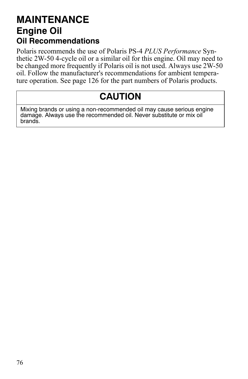 Maintenance, Engine oil, Caution | Polaris Sportsman 9921309 User Manual | Page 79 / 145