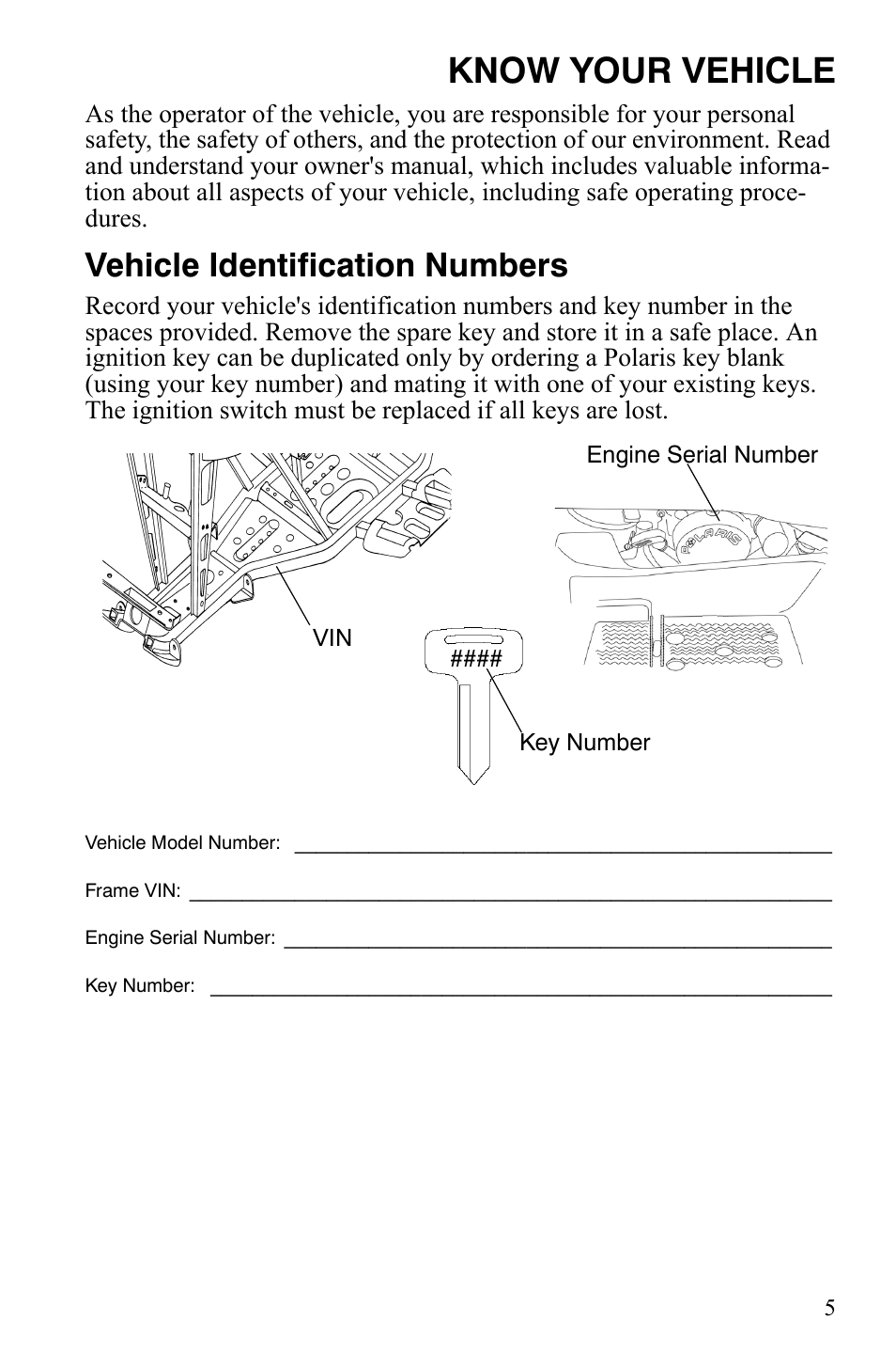 Know your vehicle, Vehicle identification numbers | Polaris Sportsman 9921309 User Manual | Page 8 / 145