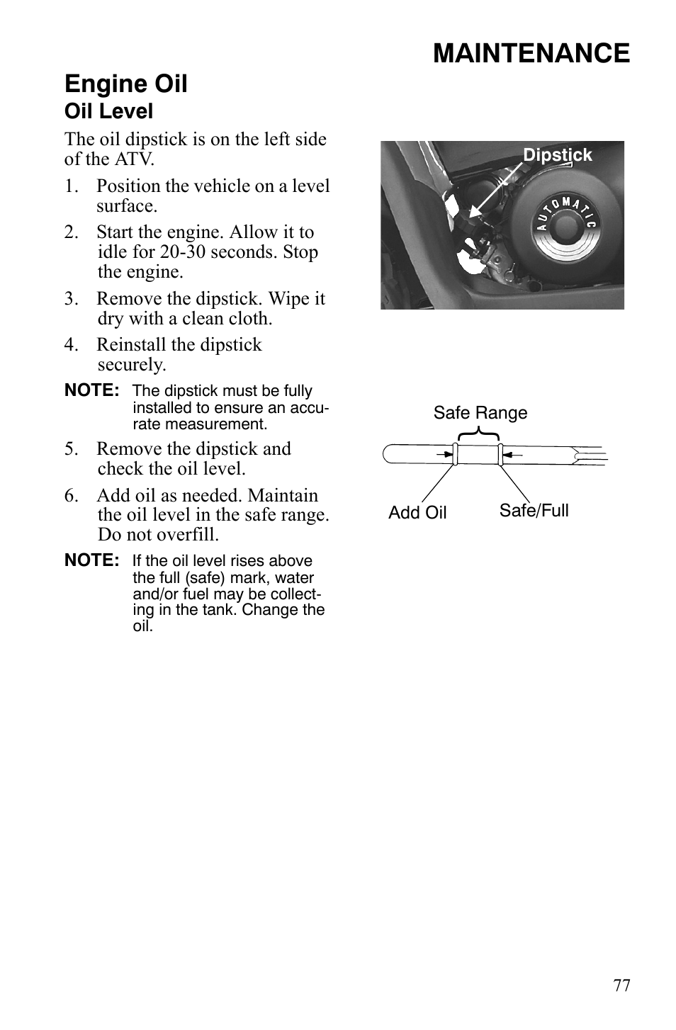 Maintenance, Engine oil | Polaris Sportsman 9921309 User Manual | Page 80 / 145