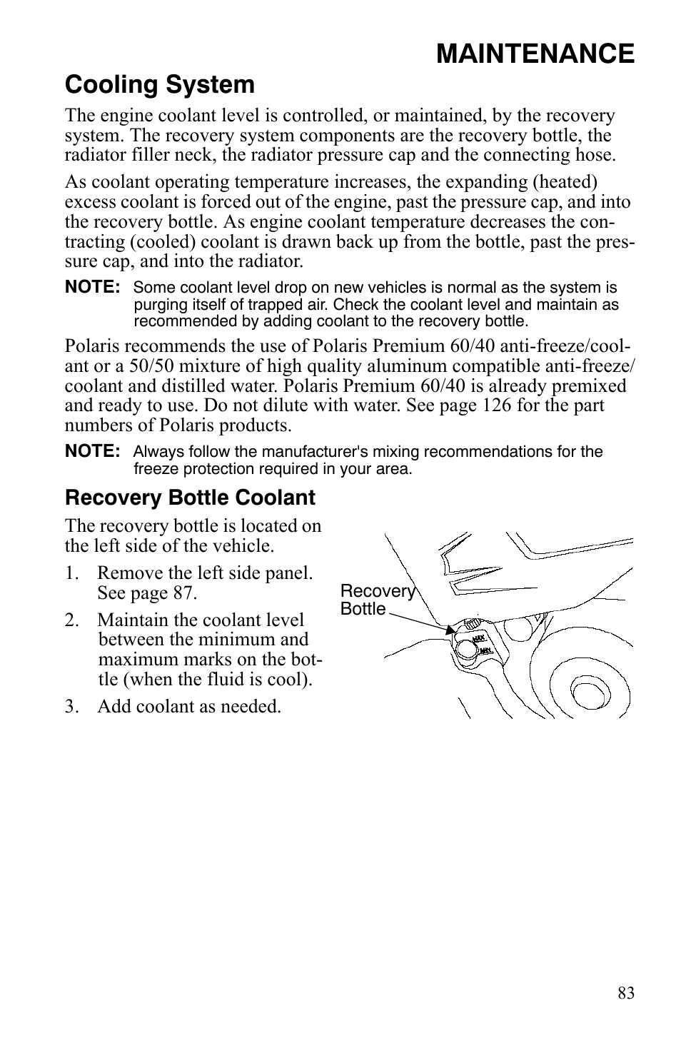 Maintenance, Cooling system | Polaris Sportsman 9921309 User Manual | Page 86 / 145