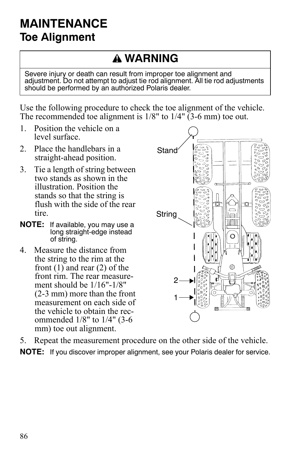 Maintenance, Toe alignment, Warning | Polaris Sportsman 9921309 User Manual | Page 89 / 145