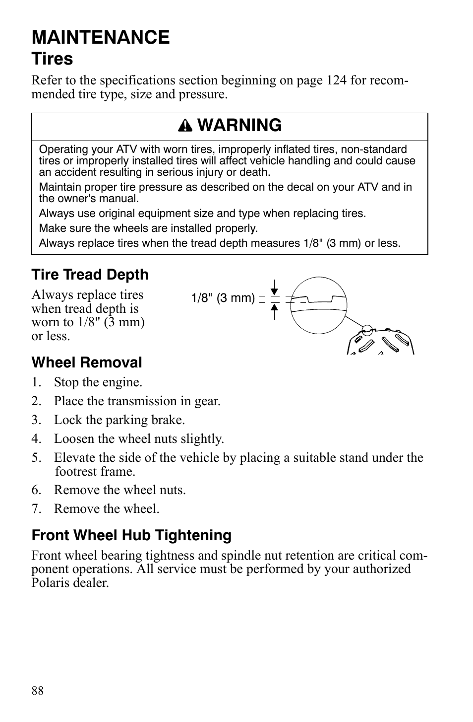 Maintenance, Tires, Warning | Polaris Sportsman 9921309 User Manual | Page 91 / 145