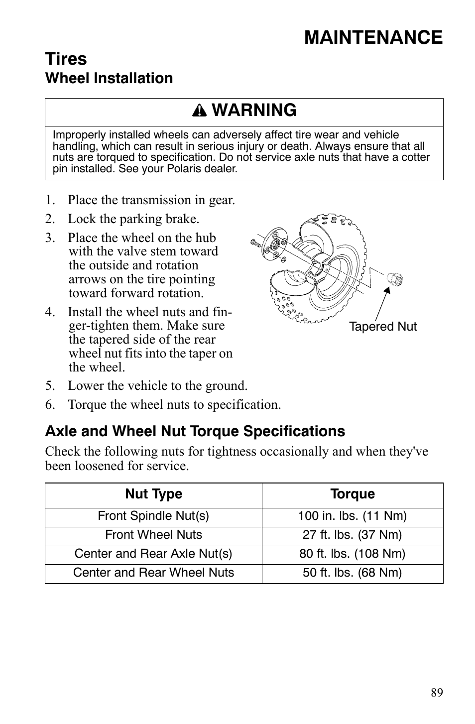 Maintenance, Tires, Warning | Polaris Sportsman 9921309 User Manual | Page 92 / 145