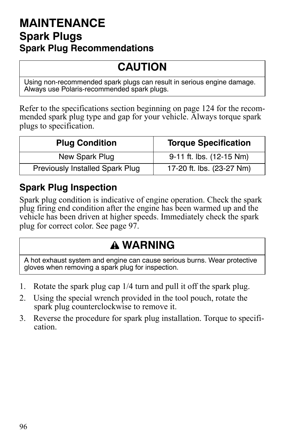 Maintenance, Spark plugs, Caution | Warning | Polaris Sportsman 9921309 User Manual | Page 99 / 145