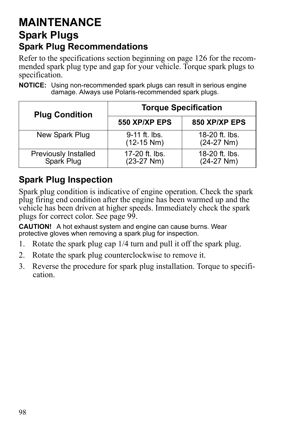 Maintenance, Spark plugs, Spark plug recommendations | Spark plug inspection | Polaris Sportsman 9922452 User Manual | Page 102 / 148